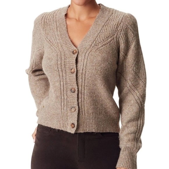 Sam Edelman Julietta Ribbed Knit V-Neck Puff Sleeve Button Front Cardigan- Large - Picture 1 of 11